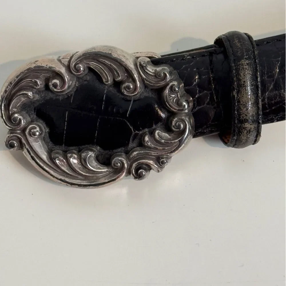 Brighton Black Leather Silver Buckle Belt S